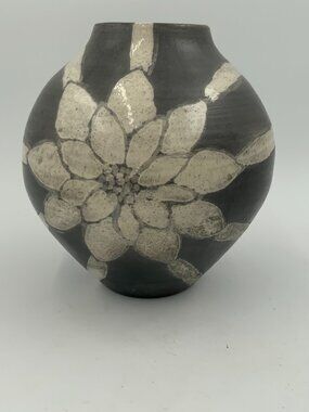 Signed Original Black Stoneware Vase with White Florals